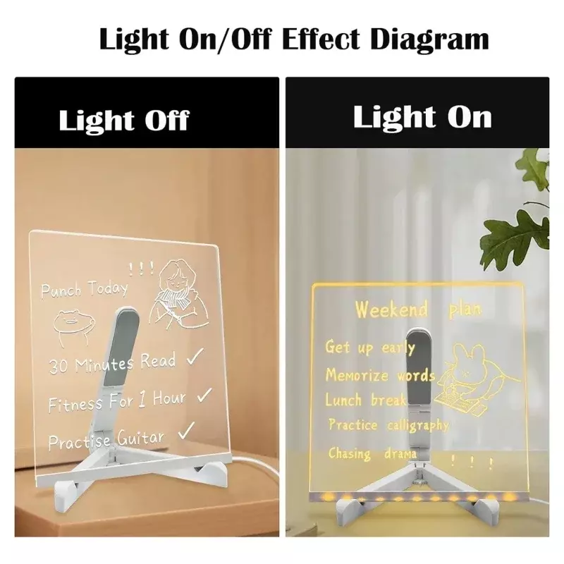 บอร์ดบันทึกข้อความอะคริลิค LED พร้อมขาตั้งและมาร์กเกอร์กระดานไวท์บอร์ด LED แบบมีไฟตั้งโต๊ะมีข้อความสำหรับสำนักงานบ้าน