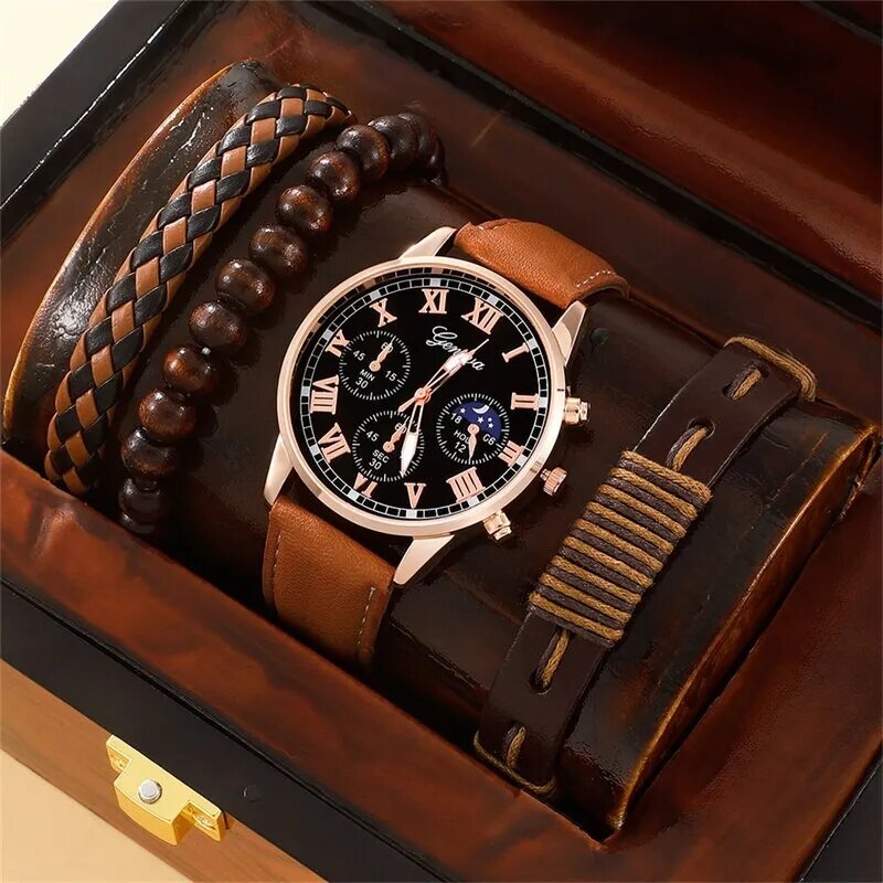 4PCS Set Fashion Mens Business Watches Men Brown Hand Rope Luxury Man Sport Casual Leather Quartz Wrist Watch Relogio Masculino