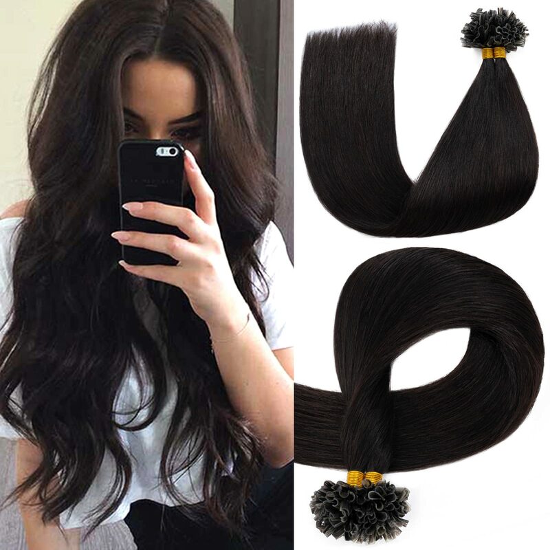 U Tip Hair Extensions Real Remy Human Hair Nail Tip Extensions Silky Straight Pre Bonded Natural Black 16-26inch 1g/s 50g/pack