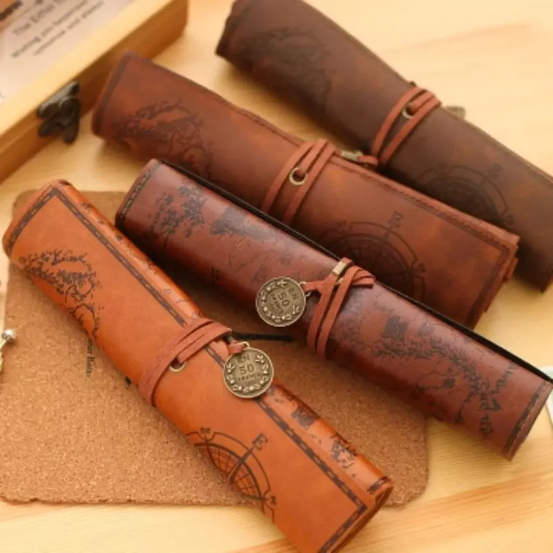 1 Pc Creative Simulation Treasure Map Vintage Canvas Leather Roll-up Pencil Bags Large Capacity Portable Student Pen Storage