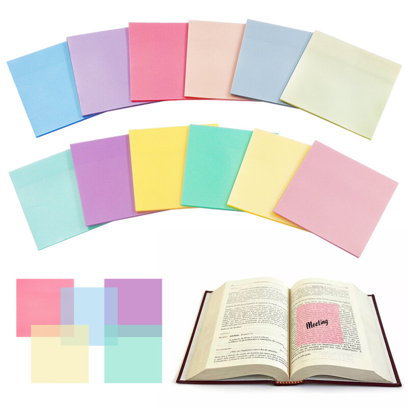 600pcs Transparent Waterproof Reusable Self Stick Memo Students Home Office Note Pad Writing Stationery Square 12 Colors Reading