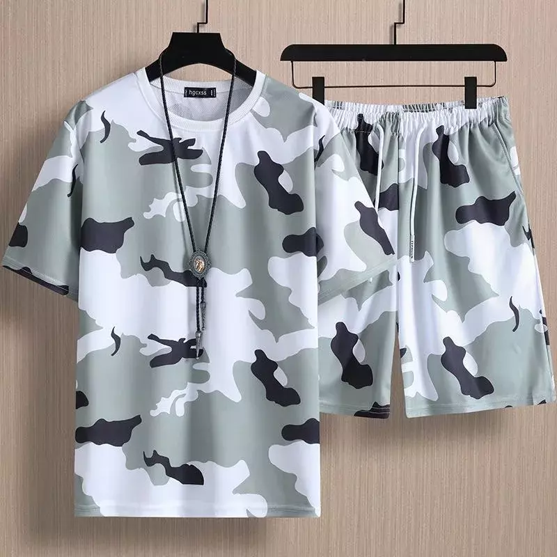 202 Summer New Fashion ice silk camouflage two-piece men's casual loose comfortable breathable high-quality plus size set M-5XL