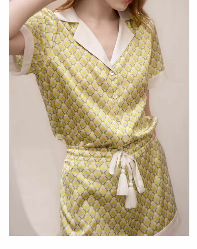 Birdtree-100 % Conjunto de pijama de seda real para mulheres, treliça geométrica, lapela de manga curta, doce conforto loungewear, verão, S41453QD