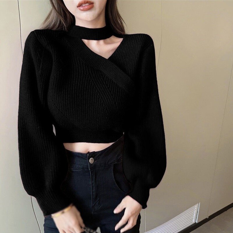 Women Winter Long Sleeve Sweater Warm  Thermal V-neck Solid Color Off Shoulder Pullovers