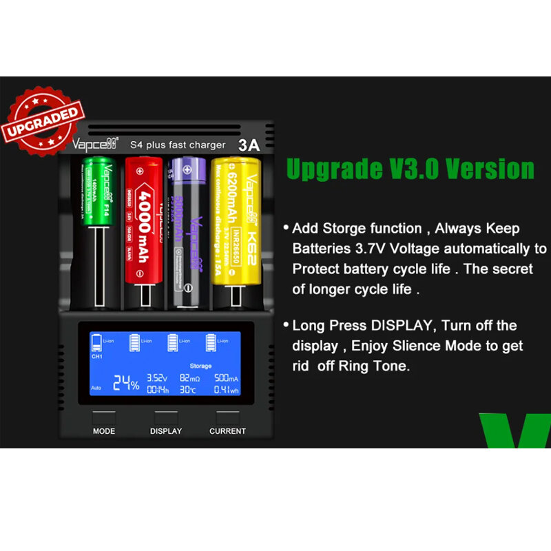 Vapcell-cargador rápido S4 Plus versión V3, 100% Original, modo de almacenamiento, cargador de batería 12A para 18650, 26650, 21700, 18350, AA, AAA