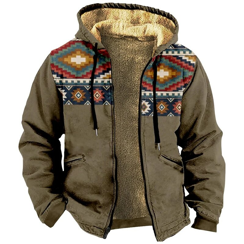 Impressões tribais com capuz casual étnico para homens e mulheres, moletom com zíper estampado em 3D, casaco gola, roupas de inverno retrô vintage