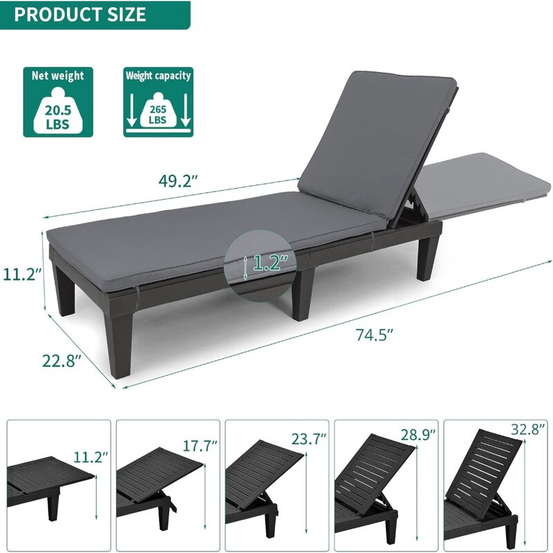 쿠션 및 조절 가능한 등받이가 있는 야외 체이스 라운지 의자, 265 파운드 무게추 용량, 2 세트
