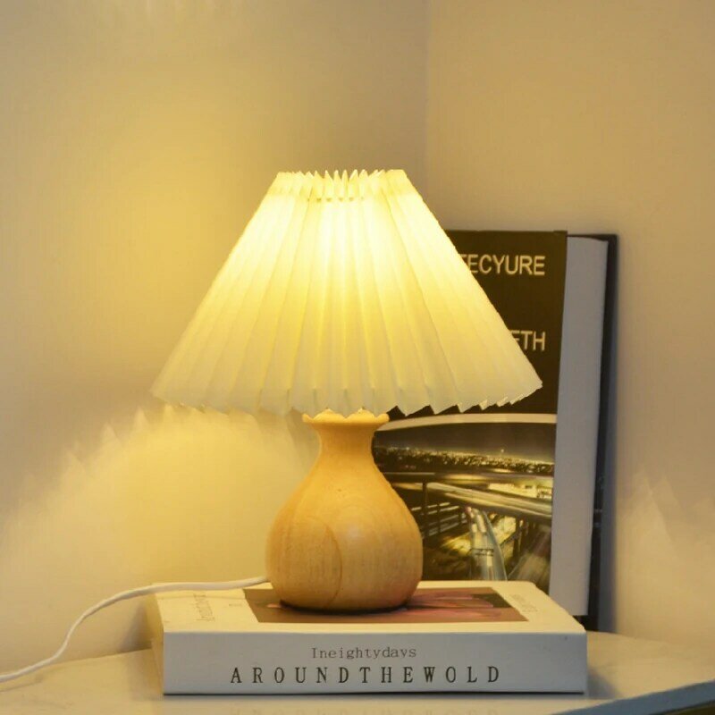 Pleated Lampshade Table Lamps Bedroom Headboard Solid Wood Base Warm Night Lamp Nordic LED Decorative Atmosphere Desk Light