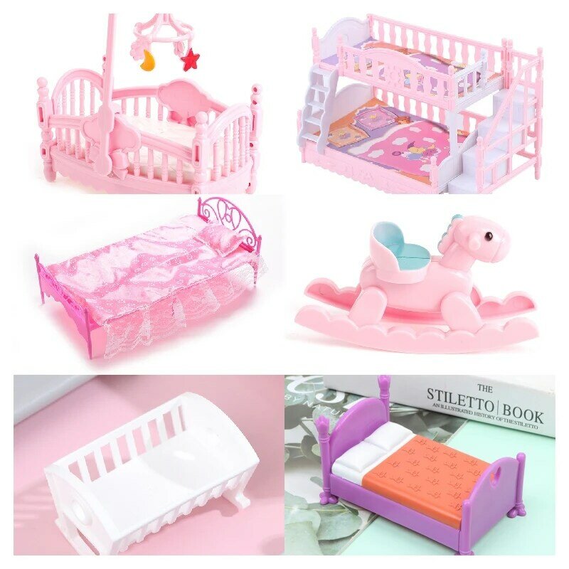 Boneka rumah bermain anak, aksesori boneka Barbie, furnitur putri Eropa, tempat tidur ganda dengan tangga