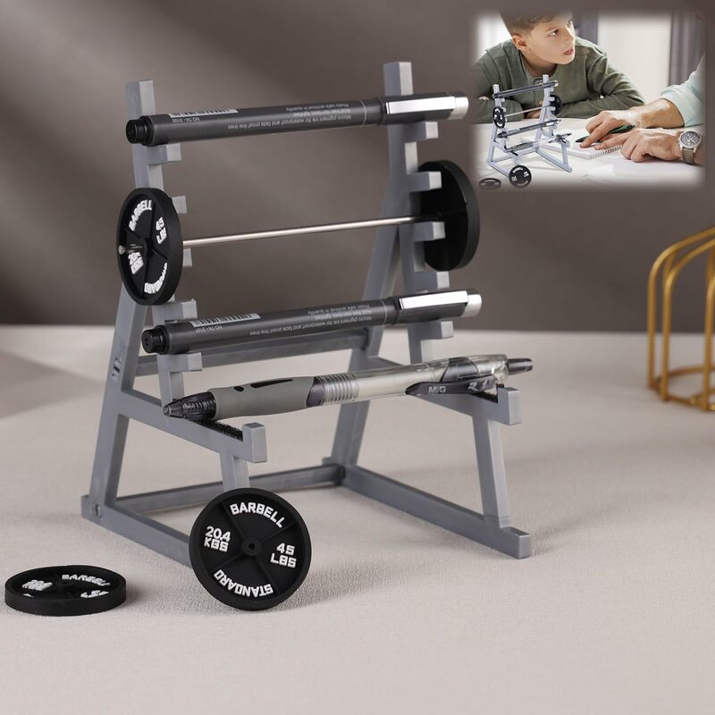 Cute Squat Rack Pen Holder,Mini Squat Rack Decorations with Weights and Barbells,Gym Theme Pen Organizer for Fitness Fans