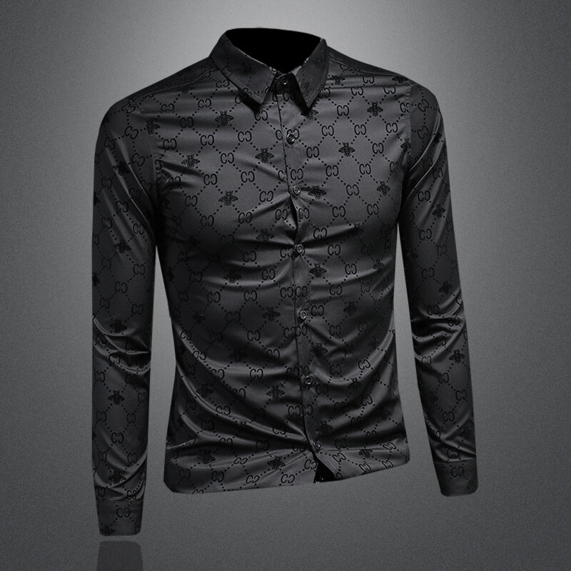 Camisa Negra de manga larga para hombre, Camisa ajustada de alta calidad, parte inferior de moda de negocios, boutique de top de un solo pecho, ropa nueva