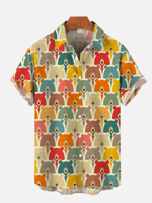 เสื้อเชิ้ตแขนสั้นผู้ชายลำลองขนาดใหญ่พิมพ์ลายหมีสีรุ้งสีสันสดใสใหม่ฤดูร้อน