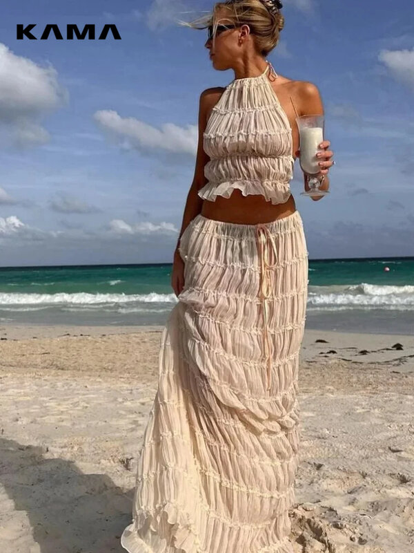 Pleated Beach 2 Piece Set Women Sexy Backless Sleeveless Halter Top Elastic Waist Maxi Skirts Suits 2024 Summer Street Lady Sets