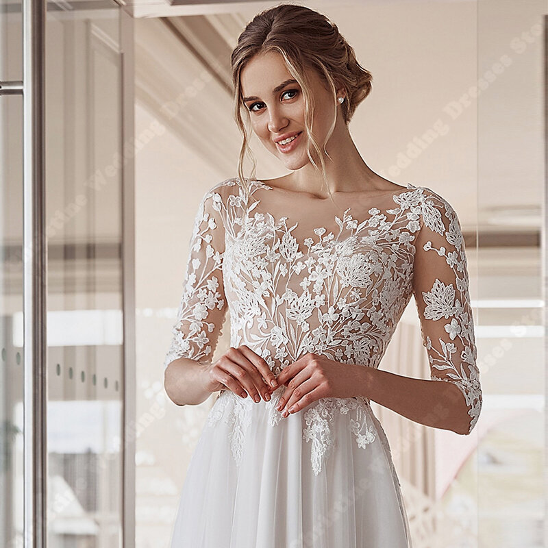 Gaun pengantin wanita lengan panjang renda elegan gaun pengantin sifon seksi jubah cetak panjang pel gaun pengantin 2024