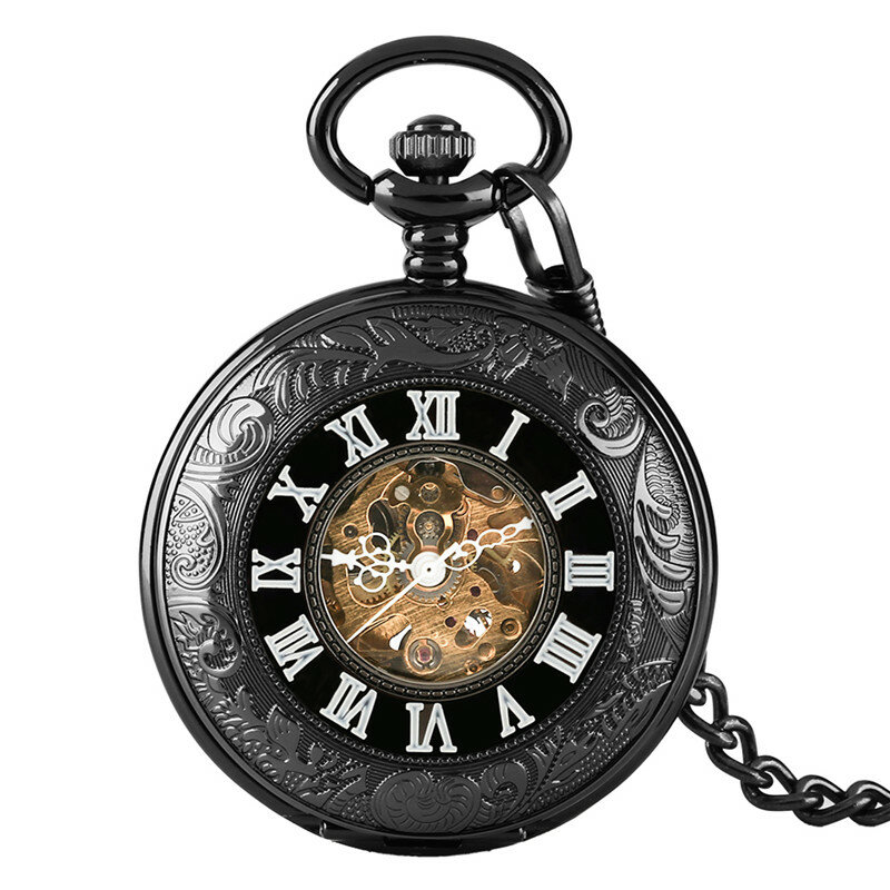 Reloj de bolsillo Retro Para hombres y mujeres, tallado de números romanos, relojes mecánicos automáticos huecos, cadena colgante, reloj coleccionable