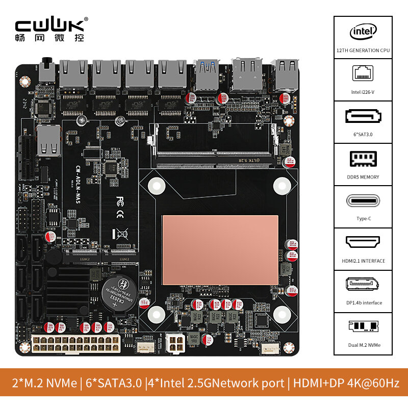 CWWK N100 i3-N305 6 베이 NAS 몬스터 보드, 4x 2.5G, 6x SATA3.0, 2x M.2 NVMe, 115X 라디에이터 ITX 보드 타입 마더보드