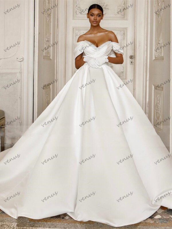 Satin einfache Brautkleider elegante Brautkleider aus der Schulter Ballkleid für formelle Party Pailletten Applikationen Vestidos de Novia