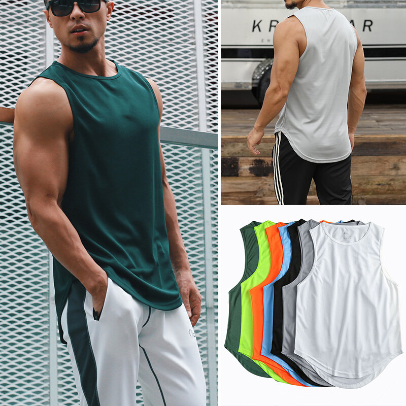 Letnie T-shirty sportowe dla mężczyzn w jednolitym kolorze bez rękawów na siłownię podkoszulek do eksponowania mięśni Fitness na siłownię