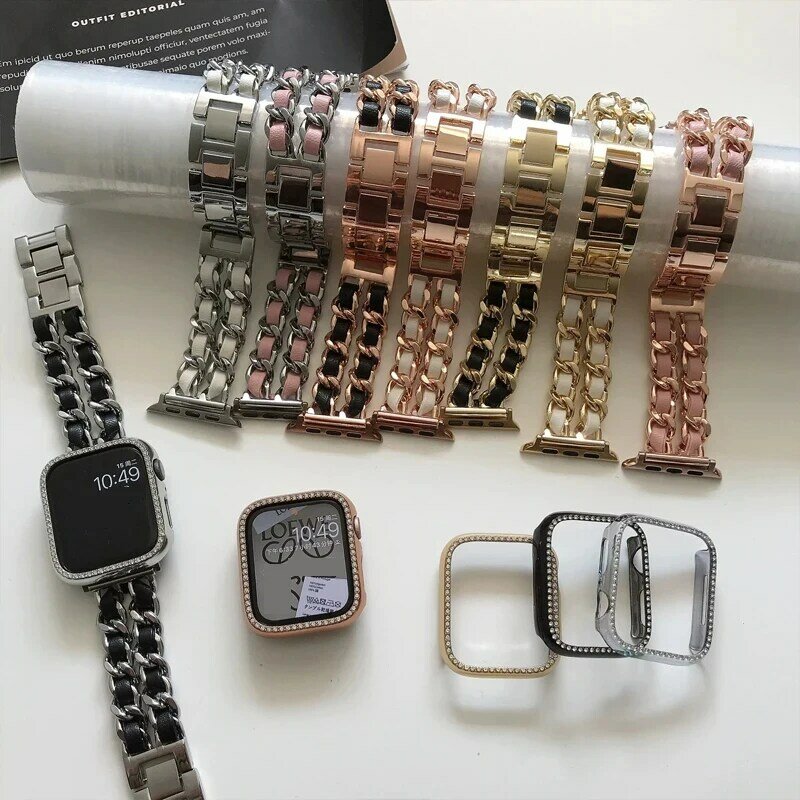 Pulseira de couro de metal de luxo para Apple Watch, pulseira feminina para iWatch Ultra 8, 7, SE, 6, 5, 4, 49mm, 41mm, 45mm, 38mm, 42mm, 44 milímetros, 40 milímetros
