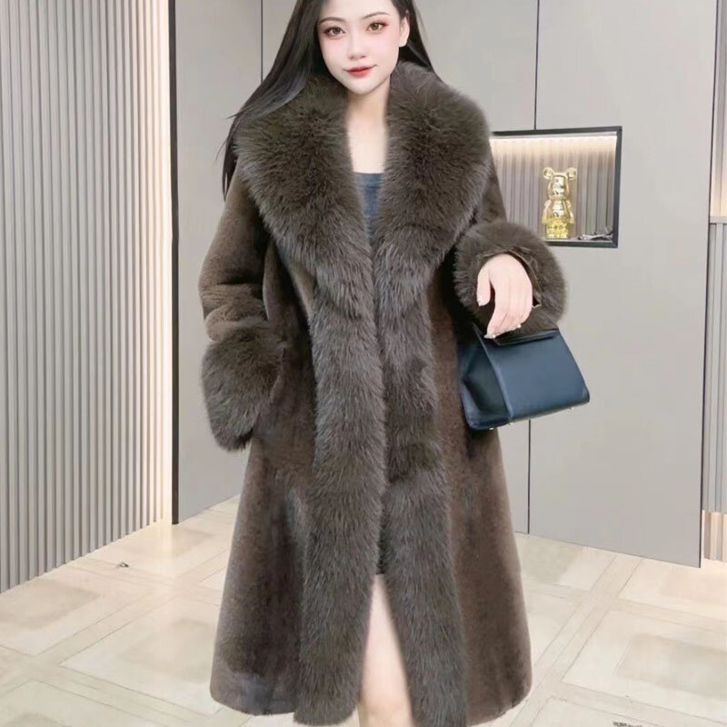 Зимнее теплое Женское пальто из искусственного меха, новинка 2024, шерстяное пальто средней длины со встроенным мехом и лисьим воротником