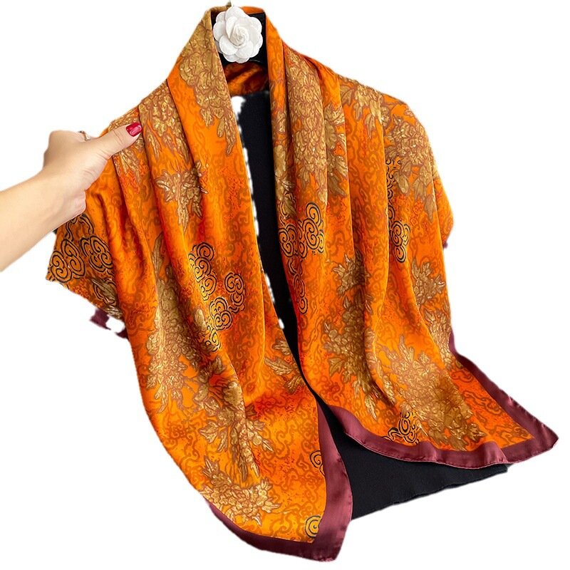 Bandana oranye baru syal persegi besar 90CM syal sutra berpola dua sisi syal sutra jubah syal sutra mode wanita