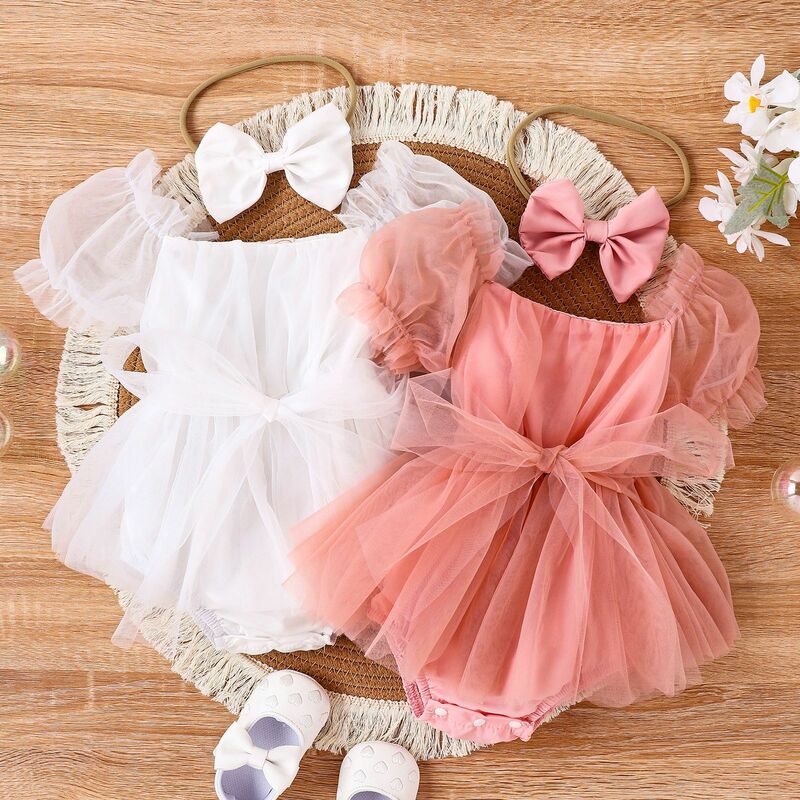 Baby Mädchen Stram pler Kleid Kleinkind Mädchen Sommerkleid ung Set Baby Baby Outfits Mesh Spitze Overall Bogen Haarband Kleidung