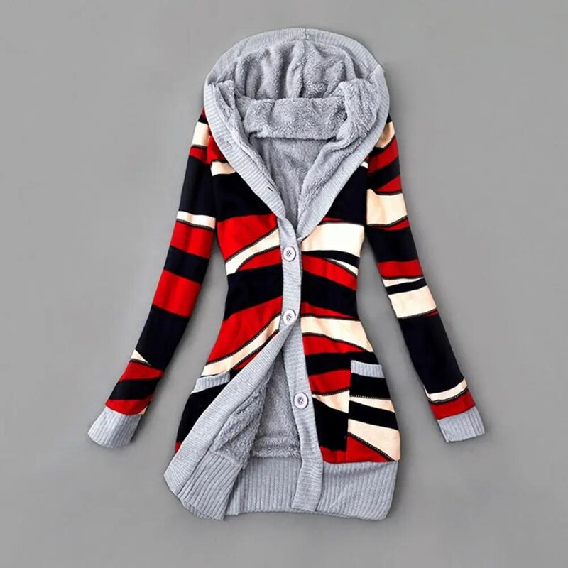 Женский свитер с капюшоном, пальто в полоску с длинным рукавом и принтом, Осень-зима 2023, свитер с плюшевой подкладкой на пуговицах, верхняя одежда