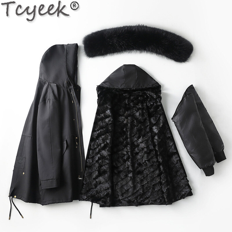 Tcyeek-Casaco de pele de vison real para homens, forro longo, parka destacável, casaco quente de inverno, gola de pele raposa
