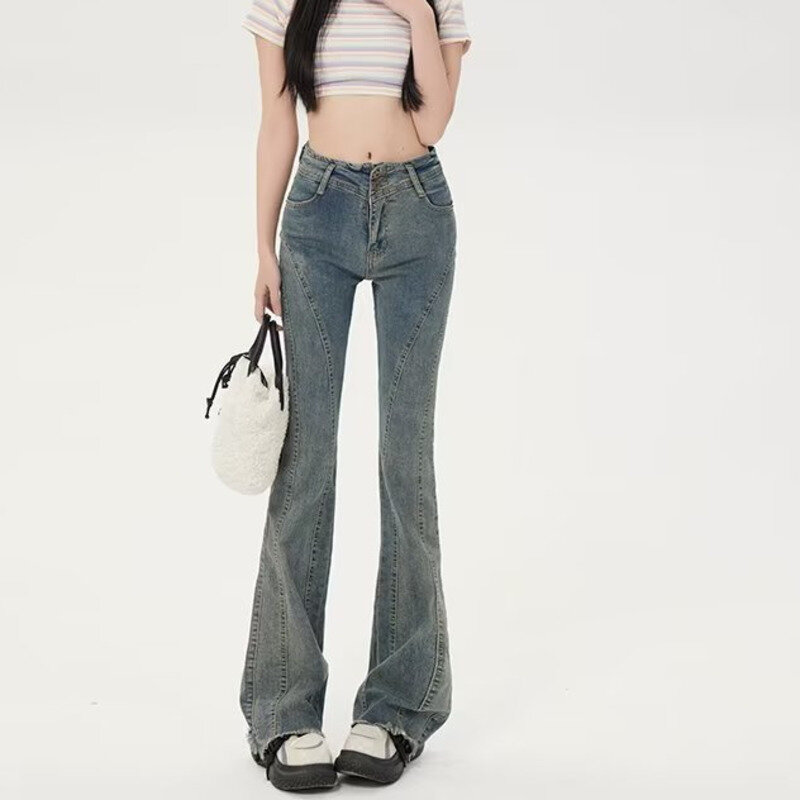 Pantalones vaqueros Micro Acampanados para mujer, Jeans pequeños Retro americanos con sentido del diseño, nicho de cintura alta y delgado, pantalones de fregona de piso versátiles