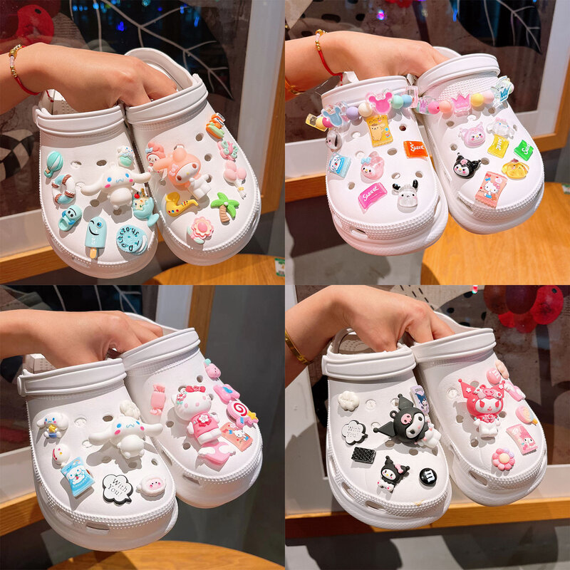 7-8 sztuk/zestaw akcesoria Sanrio amulety do butów zestaw klamerek Anime Hello Kitty Kuromi Cinnamoroll Melody Kawaii LED DIY Charm Gift