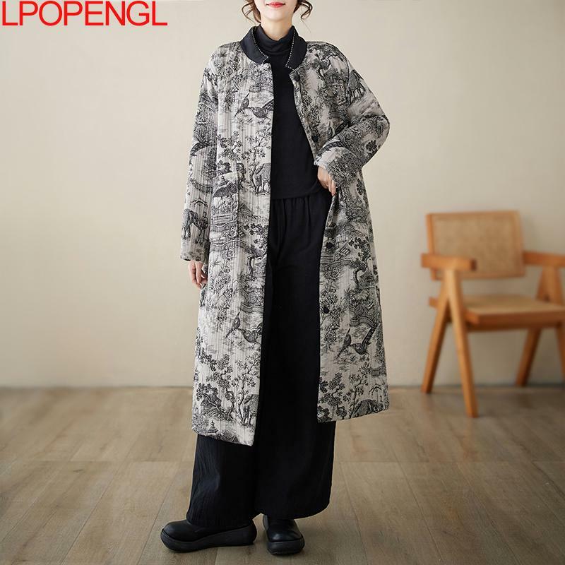 여성용 레트로 프린트 긴팔 싱글 브레스트 재킷, 잉크 및 중국 스타일 면 의류, 따뜻한 겨울