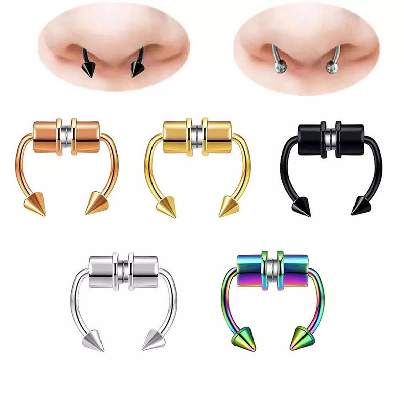 Aço inoxidável Fake Piercing Nose Ring, Septo Hoop Clipe de nariz não perfurante Rock HipHoop Ímã Moda Punk Body Jewelry para mulheres