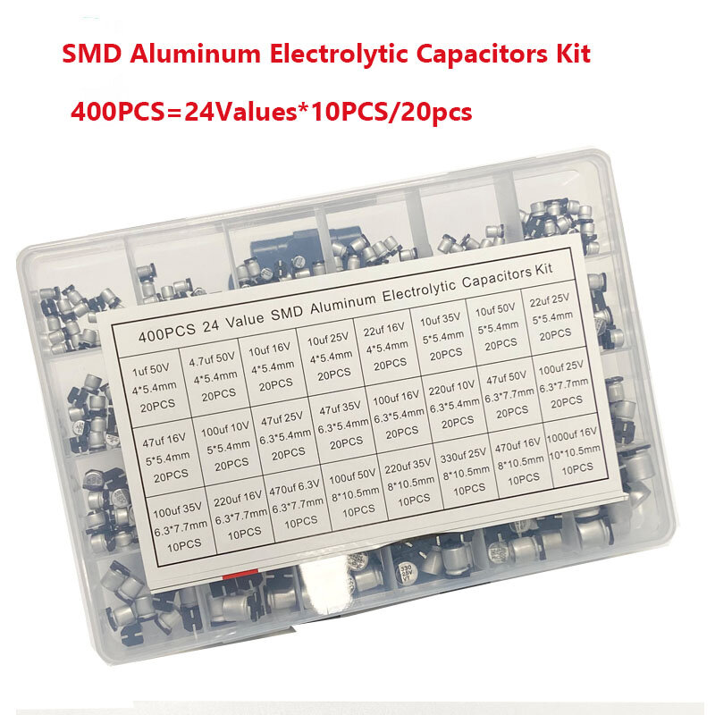 Capacitores eletrolíticos de alumínio, SMD Variedade Kit, 24 Valor, SMD 1uF ~ 1000uF, 6.3V-50V, 24 Valor com Caixa, 400Pcs