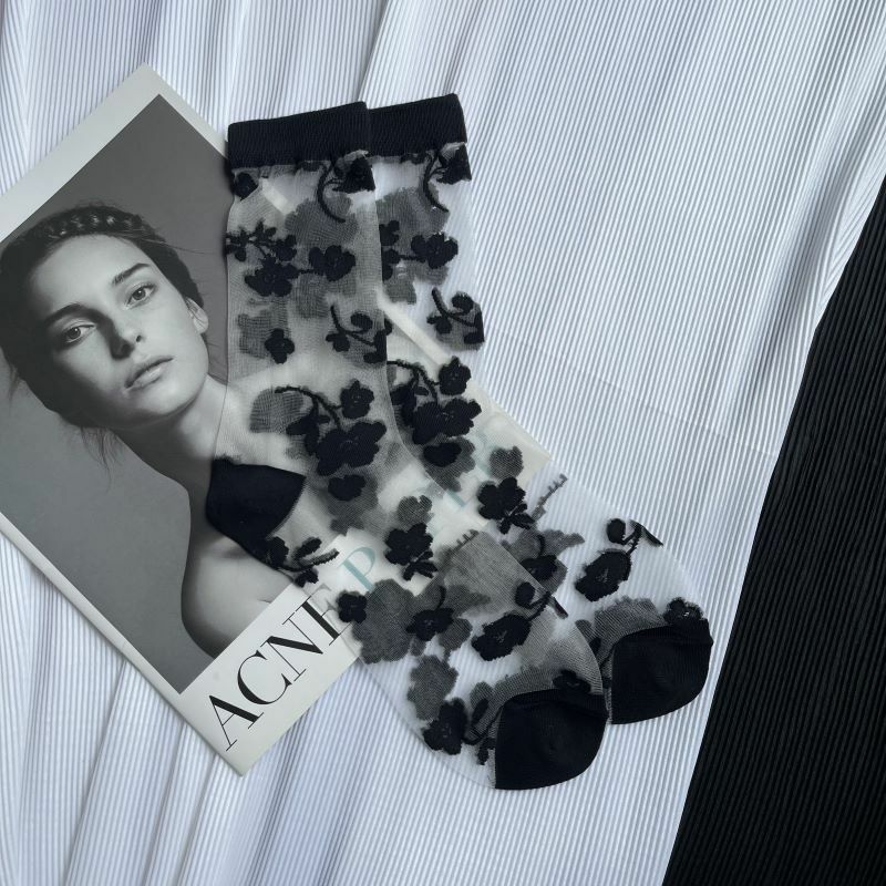 Ультратонкие шикарные прозрачные женские летние дышащие носки в стиле ретро черные белые прозрачные шелковые прозрачные носки с цветами и растениями