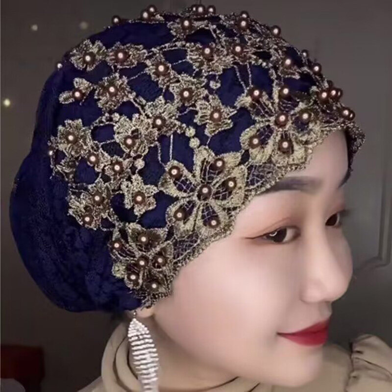 ลูกไม้ประดับด้วยลูกปัดผ้าโพกศีรษะมุสลิม Headscarf Bonnet พร้อมสวมใส่ Breathable ภายใน Hijabs ฤดูร้อนหญิง Headwrap หมวก
