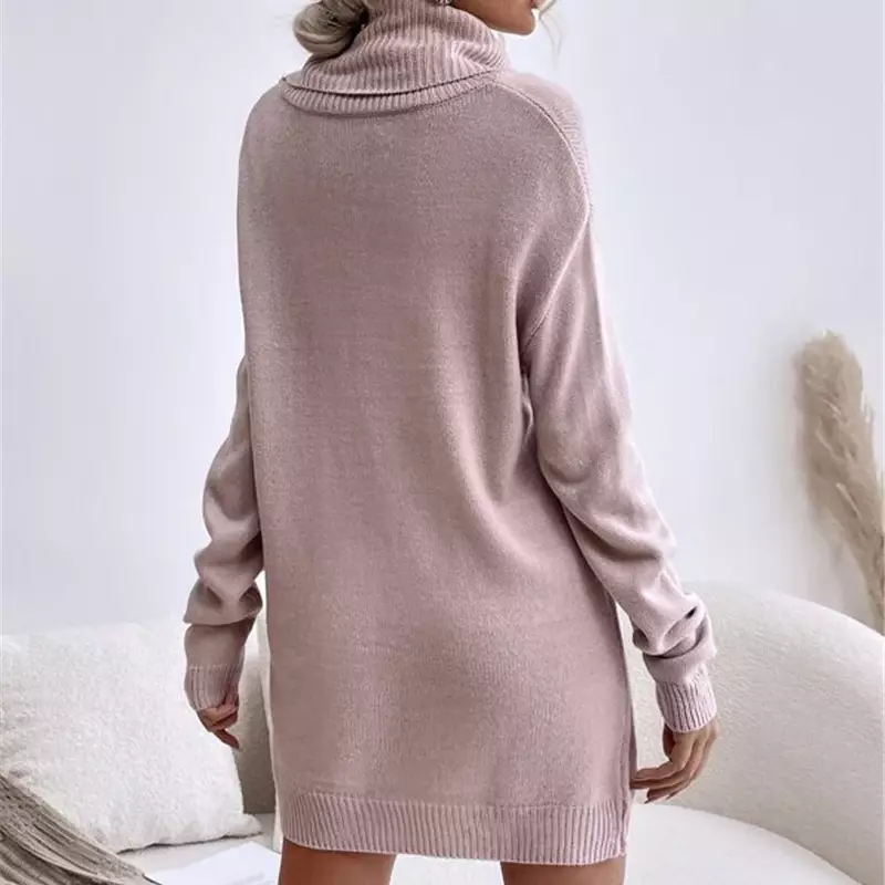 Women’s Dress Autumn and Winter New Solid Color Fashion Loose Turtleneck Knit Sweater Slim Casual Sexy Elegance
