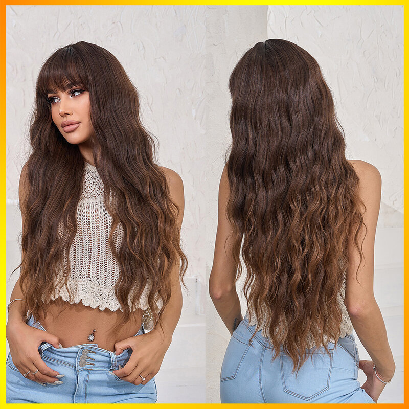 Women's Natural Synthetic Curly Wigs With Bangs Heat Resistant Long Gradient Brown Blonde Wavy Wig For Daily Party Cosplay Use