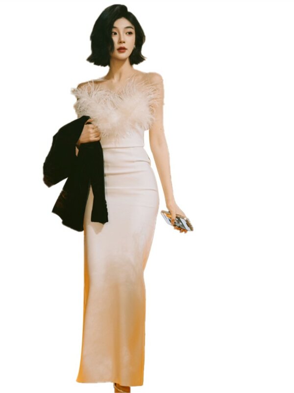 Top in tubo di raso leggero nuovo abito da sposa temperamento di lusso francese semplicità cuciture di piume