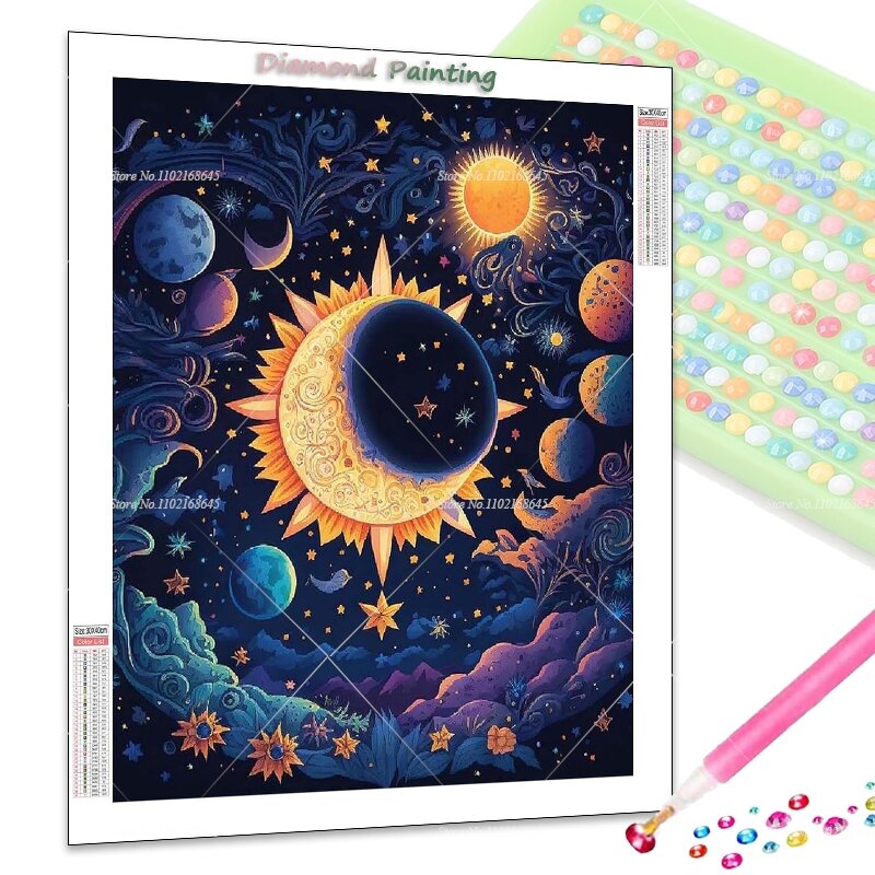 Kit de mosaico bordado para decoração de casa, pintura diamante 5D, cor fantasia, galáxia, lua, estrelado, desenhos animados, cristal completo, DIY, presentes