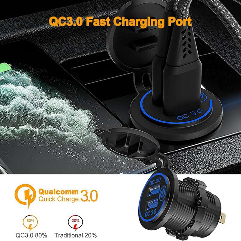 Soket pengisi daya mobil USB ganda QC 3.0, dengan saklar sentuh, pengisian cepat stop kontak untuk 12 v-24 V sepeda motor perahu merah