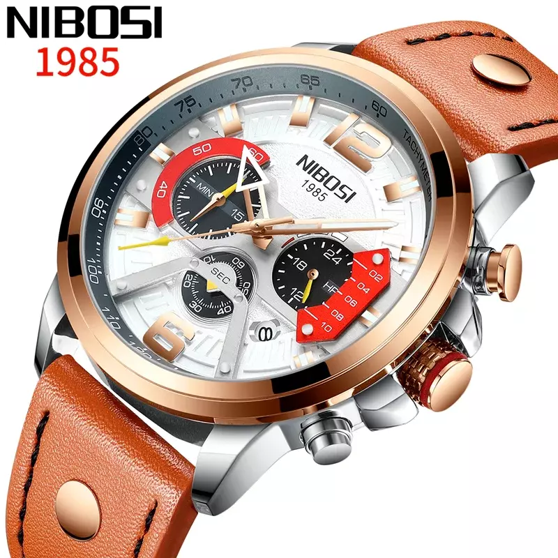 Nibosi นาฬิกาข้อมือควอตซ์แนวสปอร์ตกันน้ำหนังหรูนาฬิกาข้อมือสำหรับผู้ชายลำลองนาฬิกาทหารโครโนกราฟ