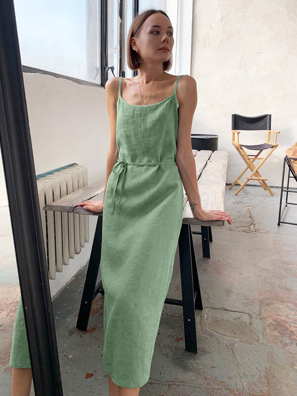 فستان سهرة قطني أخضر من Hiloc ملابس نوم نسائية مثيرة بشريط سباغيتي بدون ظهر ورباط فستان نسائي في منتصف الساق موضة ربيع 2023