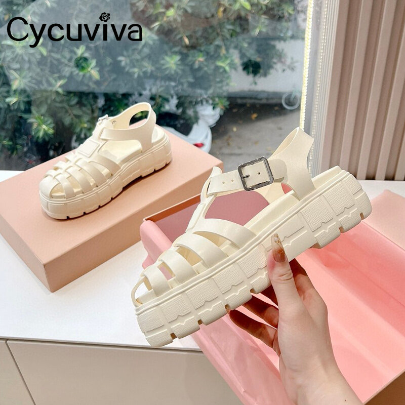 Sandalias planas de piel auténtica para Mujer, zapatos de playa con plataforma, zapatillas de diseñador de marca, para vacaciones de verano