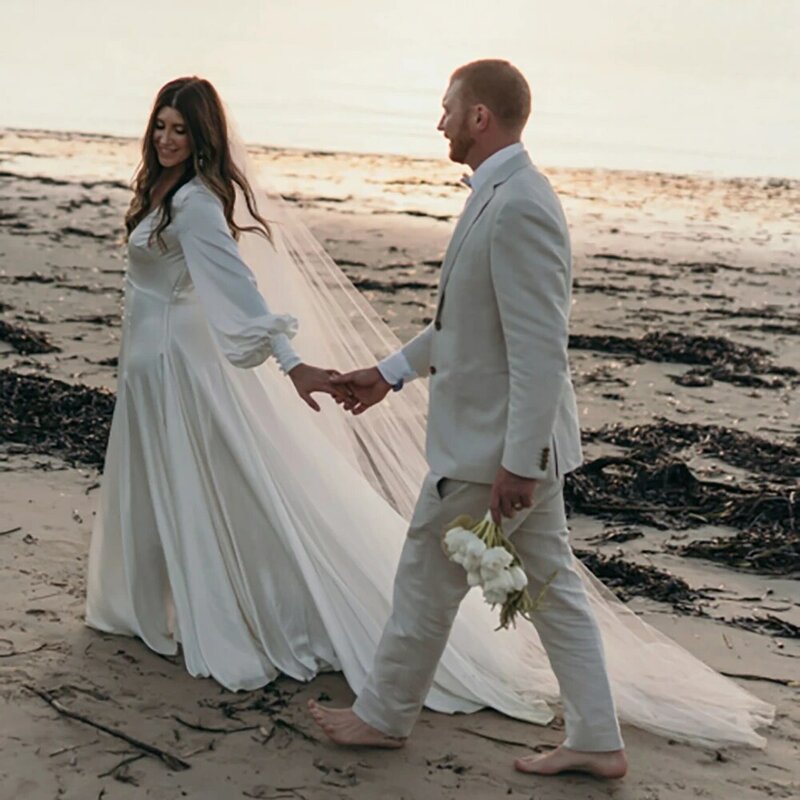 Excesso de peso mais tamanho cetim vestido de casamento feito sob encomenda simples pérolas praia profundo decote em v alta divisão mangas compridas puff vestidos de noiva