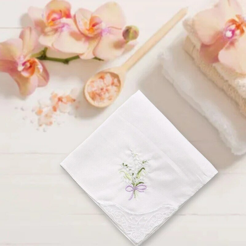 Ladies Cotton Embroidery Handkerchiefs Womens Soft Solid Candy Color Flowers Lace Edging Hankies for Wedding Party
