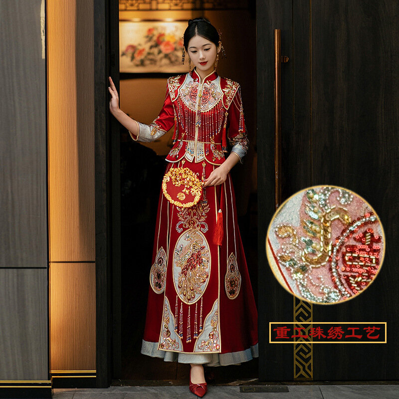 Estilo chinês bordado vestido de casamento, cheongsam set, retro, borla, brinde roupas, requintado, presente da noiva