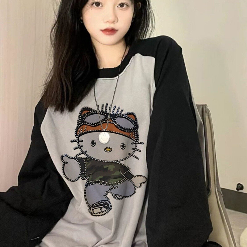 Aoger Hello Kitty Y2k Tee donna manica lunga moda coreana t-shirt Hip Hop Street Girls t-shirt top abbigliamento donna causale