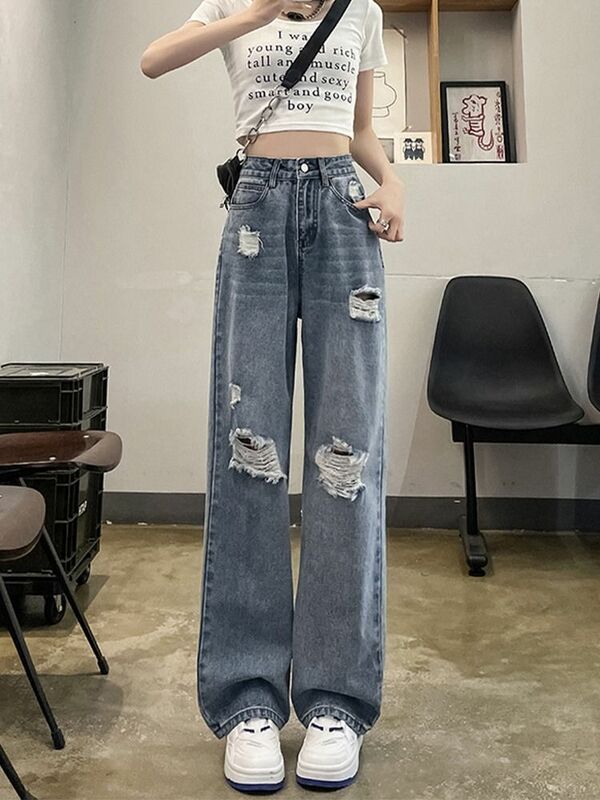 Perforated Wide Leg Jeans for Women's Summer Thin Style 2024 New High Waisted Slim and Slim Fit Loose Straight Leg Pants