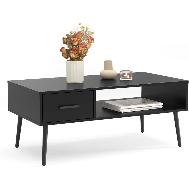 Coffee Table, Mid Century Modern Style Cocktail Table TV Stand with Drawer, Open Storage Shelf, Stable Floor-Anti-Scratching