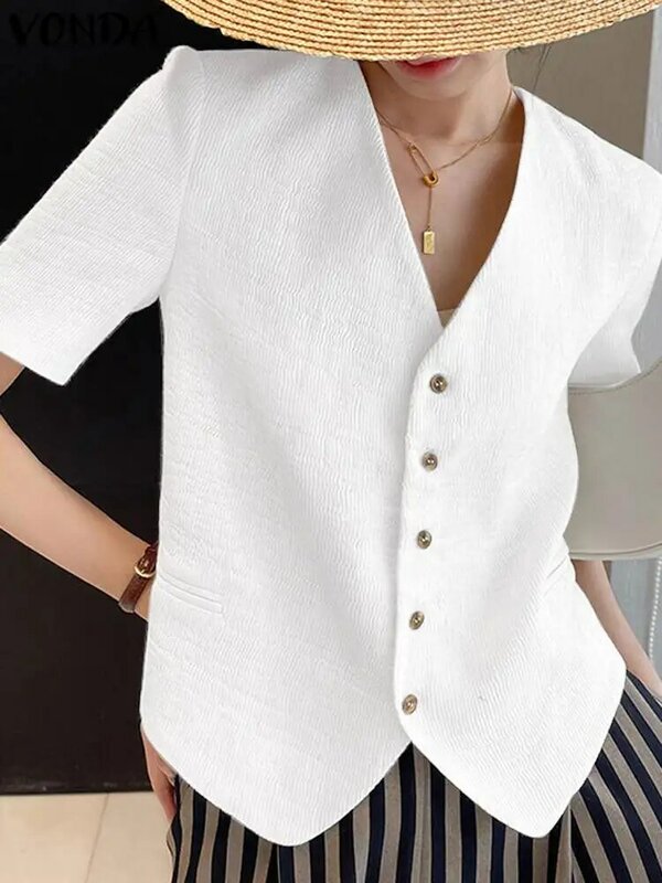 VONDA-Blusa de manga curta feminina, tops casuais, botão solto, decote em v sexy, camisas elegantes, sólidas, verão, 2023